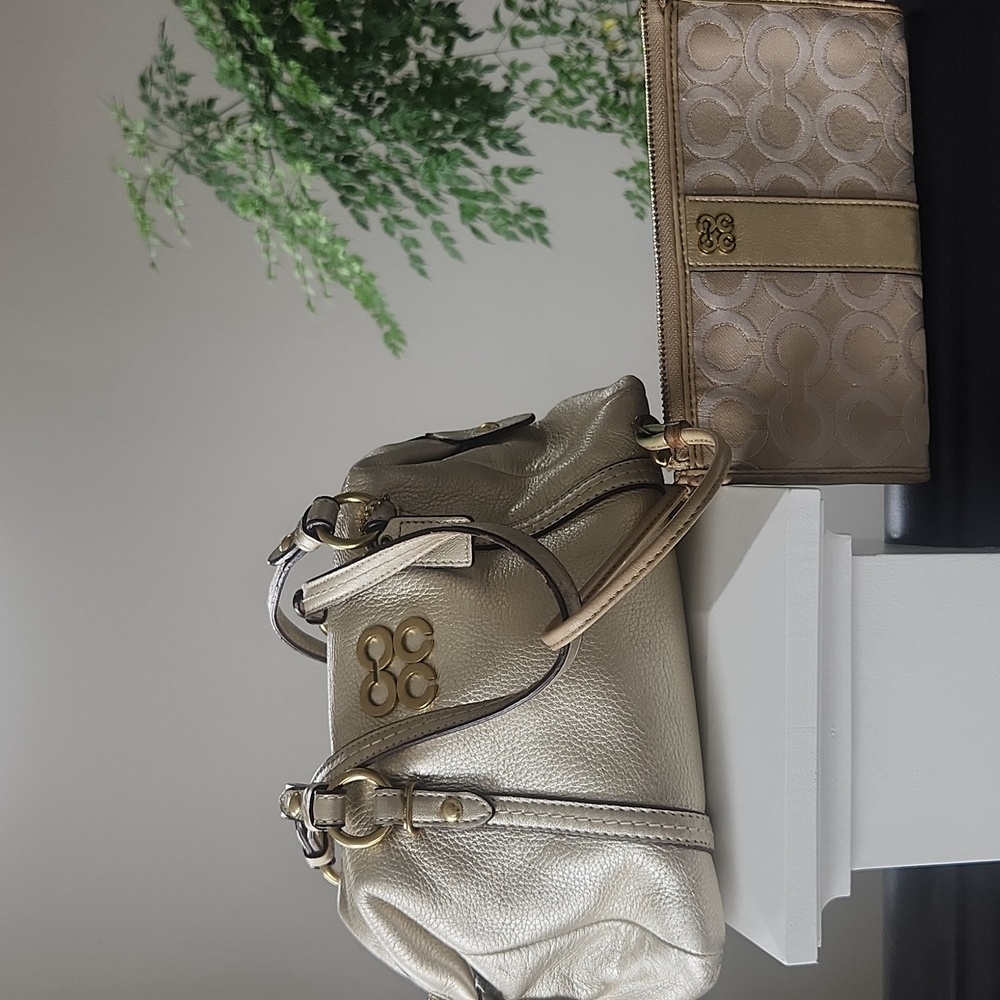 Coach Metallic Gold Pebbled Leather Purse + Wristlet Set